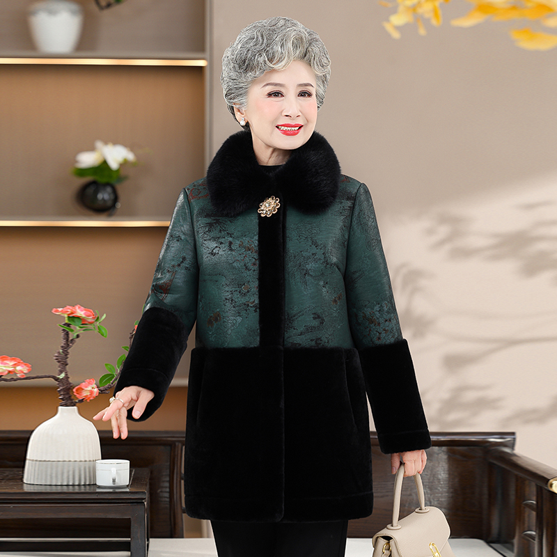 中老年奶奶装冬季加绒外套大衣高贵仿皮草中长款妈妈装翻领上衣