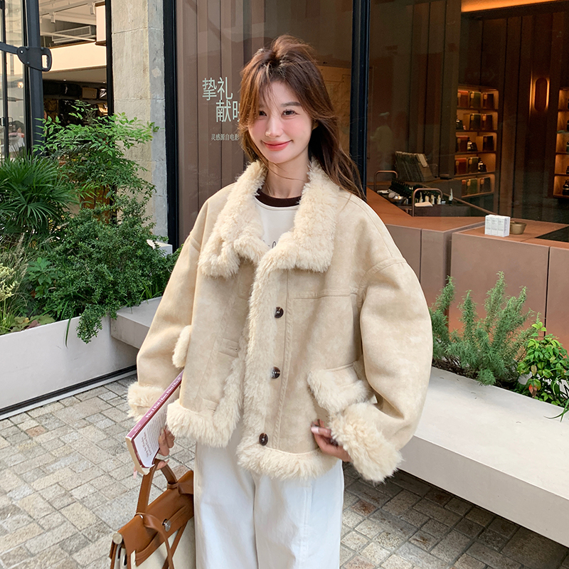 鹿皮绒羊羔毛外套女士2025冬季新款爆款皮毛一体颗粒绒上衣机车服