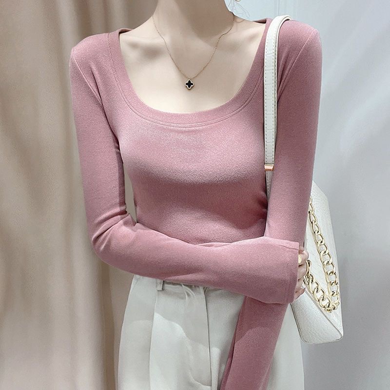 德绒圆领打底衫短款修身内搭长袖T恤女秋冬纯色弧形小众百搭上衣