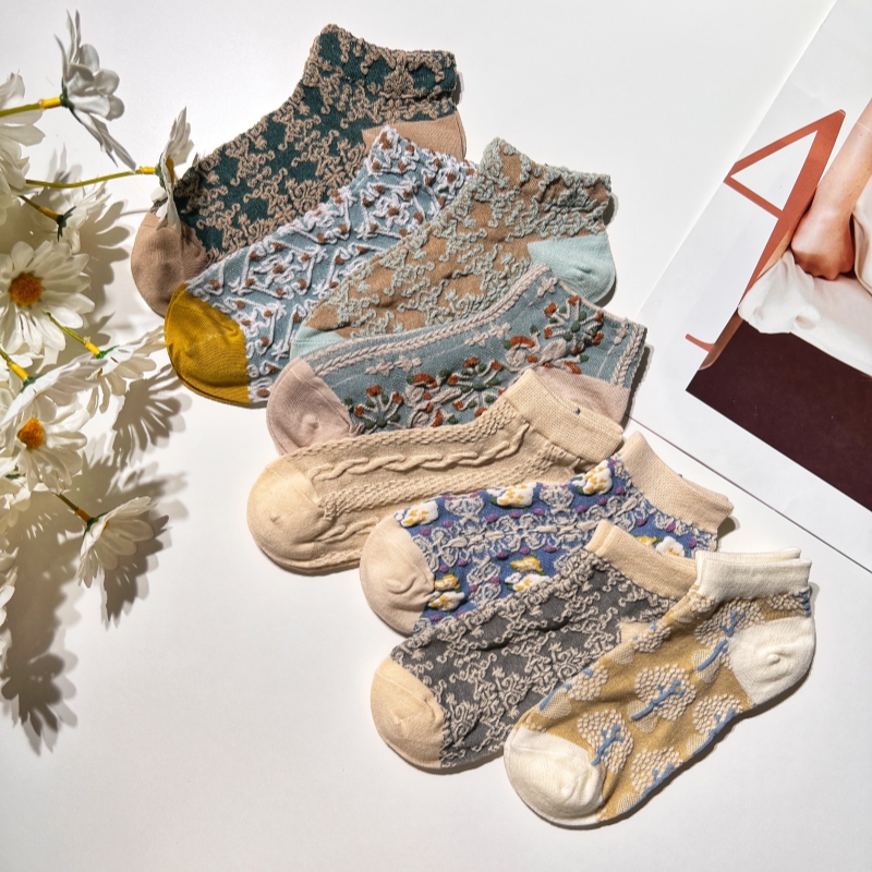 八双国潮宫廷风春夏女士ins浅口碎花短筒复古棉袜短袜纯棉百搭