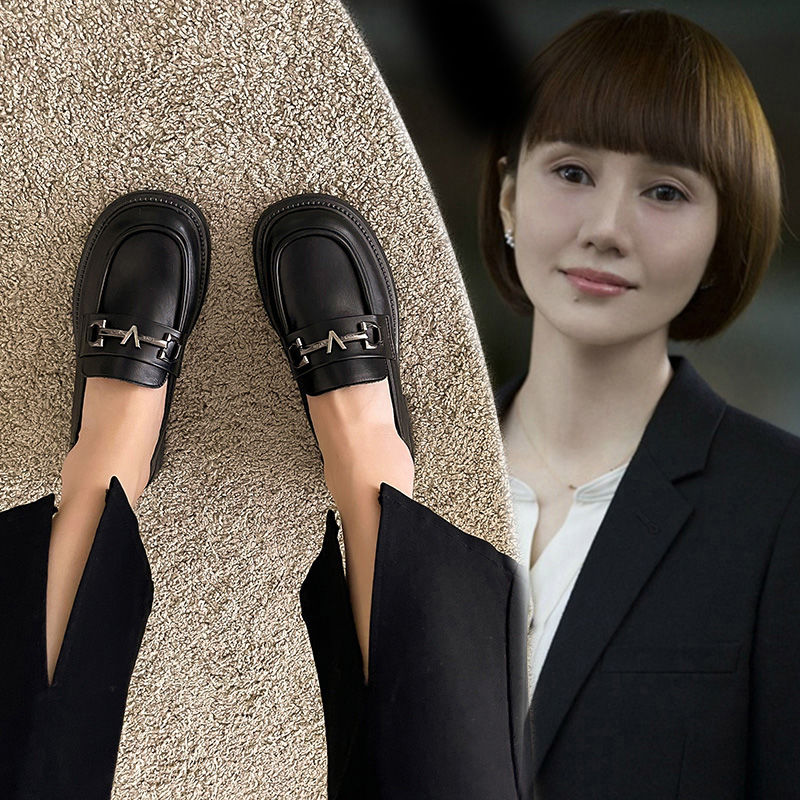 小皮鞋女2023春秋季新款韩版英伦风圆头平底休闲一脚蹬乐福单鞋a