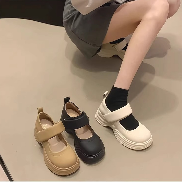 秋冬款玛丽珍鞋女2023夏季新款时尚复古浅口魔术贴厚底大头小皮鞋