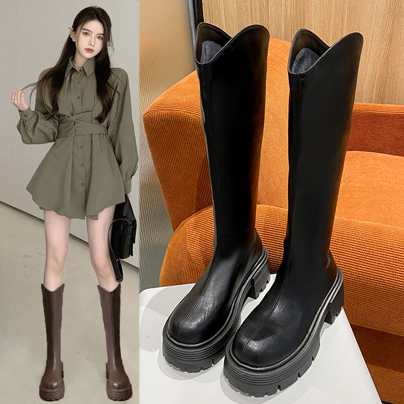 红蜻蜓牌厚底v口长筒靴女2023秋冬季新款粗跟长靴小个子不过膝高