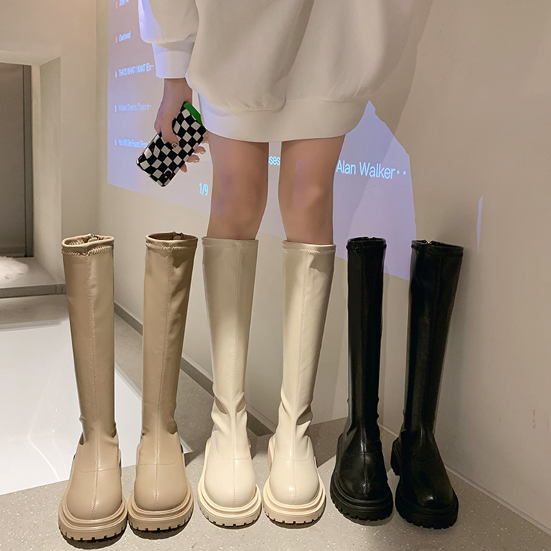 红蜻蜓牌长筒靴女2023新款秋冬加绒胖mm大筒围奶茶白色长靴软皮高
