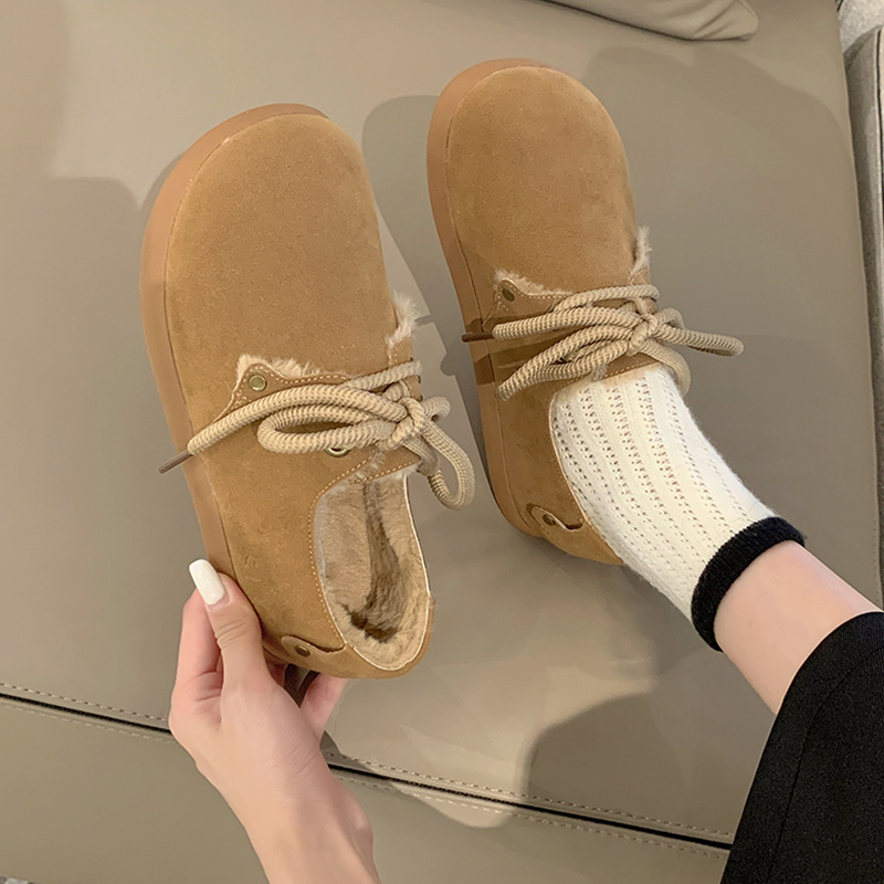 红蜻蜓牌复古勃肯鞋女秋冬加绒毛毛鞋系带小皮鞋丑萌大头面包乐福