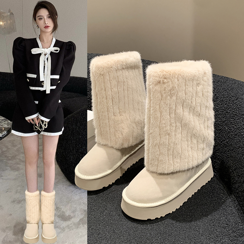 红蜻蜓牌冰岛雪地靴女2023年冬季新款厚底防滑加绒保暖中筒靴裤管
