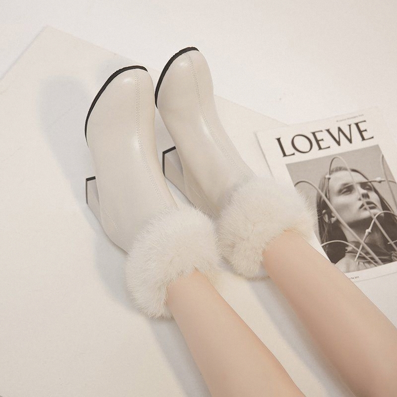 红蜻蜓牌2023韩版仙女新款毛绒中筒靴冬毛毛鞋粗跟加绒百搭雪地靴