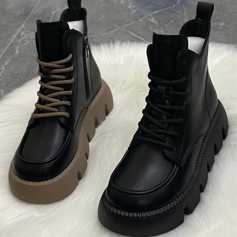 红蜻蜓牌软皮马丁靴女复古百搭2023秋冬新款时尚英伦风松糕厚底增