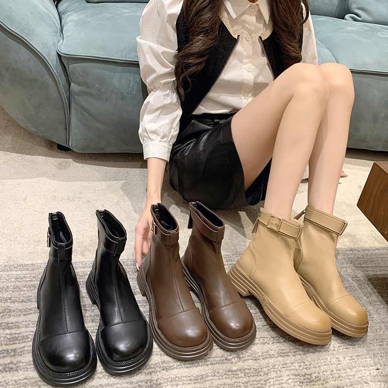 红蜻蜓牌英伦风马丁靴女春秋单靴2023新款厚底粗跟增高复古瘦瘦短