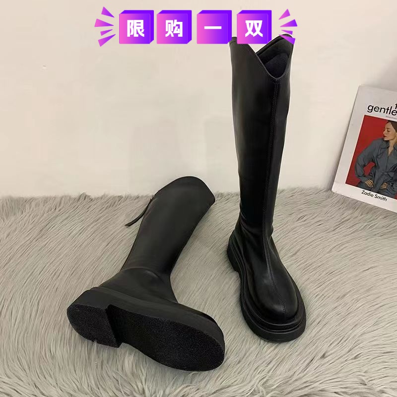 断码意尓康长筒靴女2023长筒靴高跟小个子圆头防滑过膝厚底骑士靴