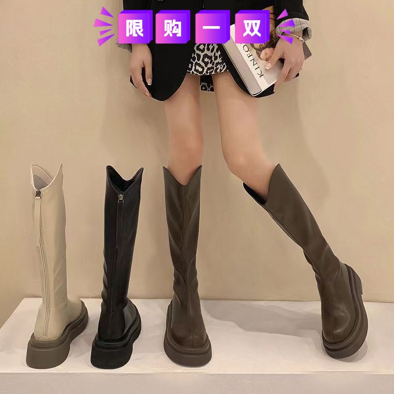 断码意尓康百搭长筒靴女2023新款时尚复古小个子厚底防滑骑士靴