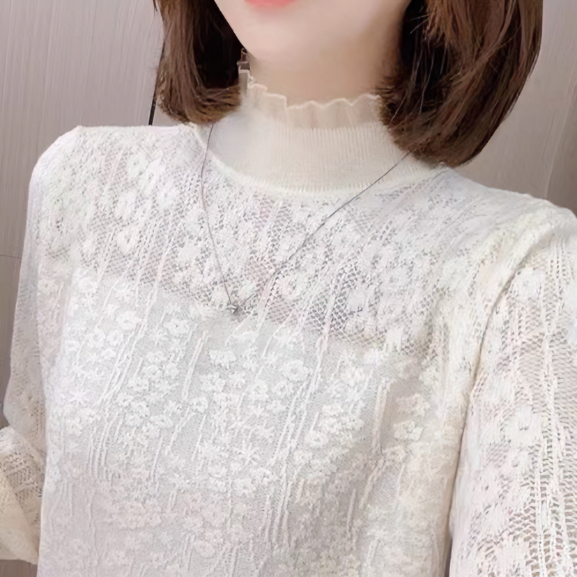 2025春季精纺浮雕花纹半高领长袖毛衣女蕾丝边设计感毛针织衫 