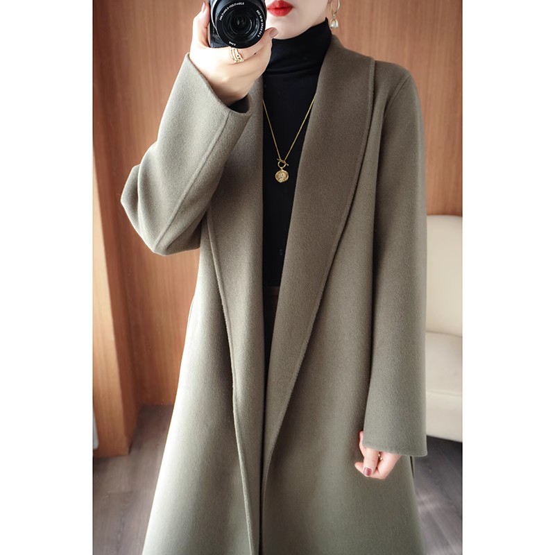 气质通勤青果领纯羊毛大衣女中长款毛呢外套秋冬加厚系带呢子大衣