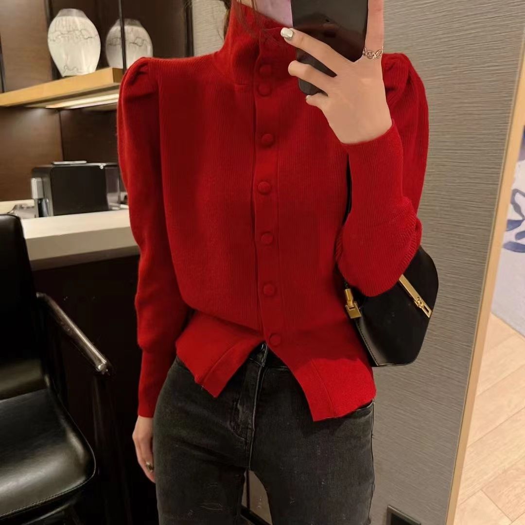 立领泡泡袖红色针织开衫外穿秋季新款高级内搭叠穿收腰显瘦毛衣女