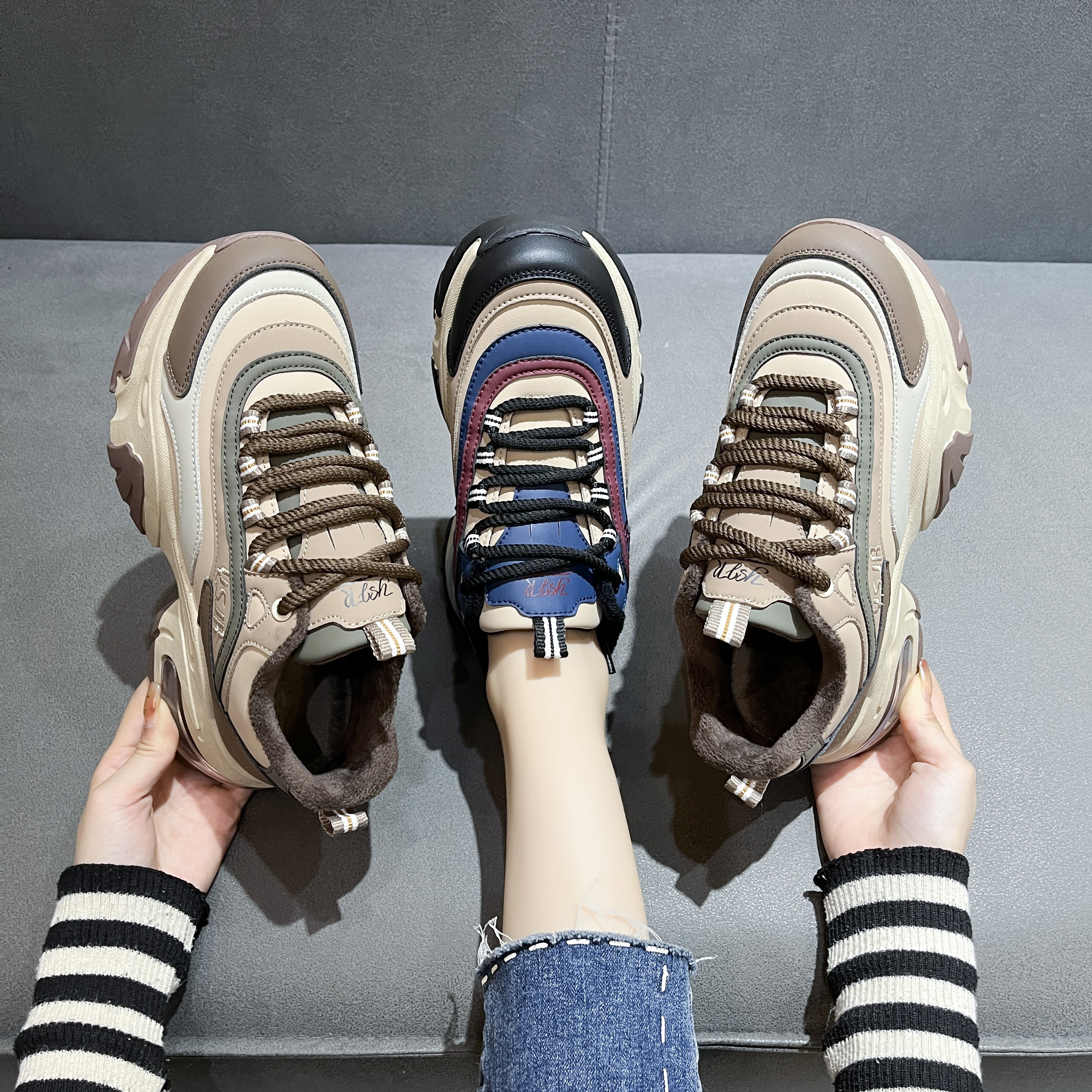 单/绒//时尚百搭毛毛虫新款厚底加厚网红休闲老爹鞋Y 919