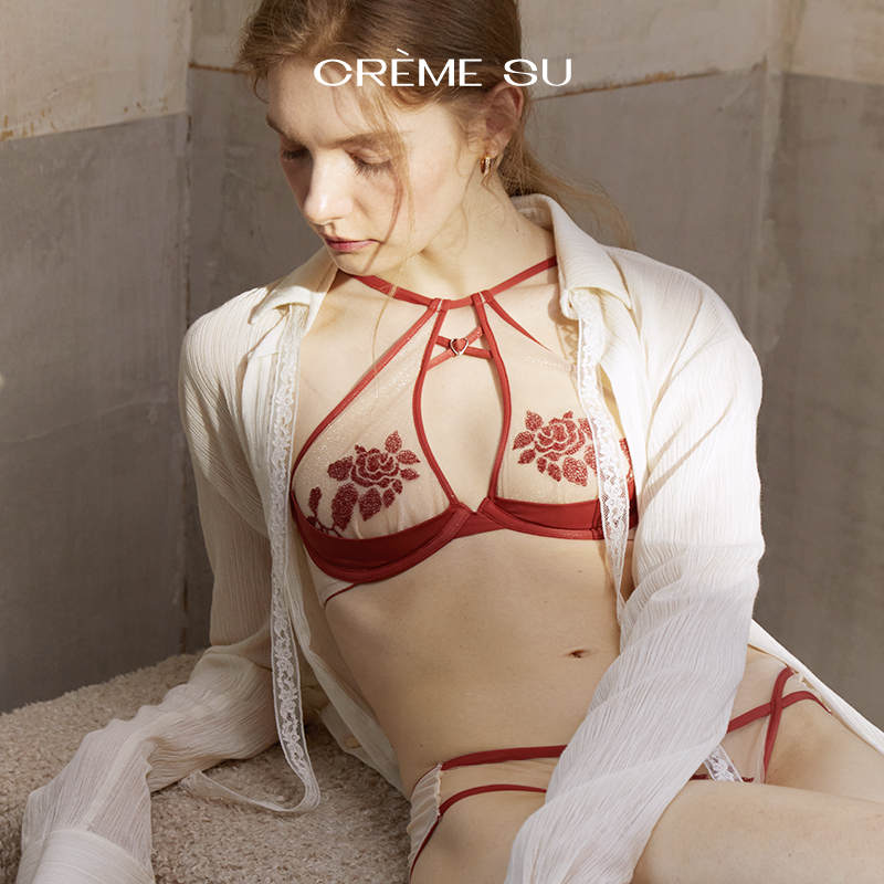 CremeSu弗洛拉Flora挂脖内衣法式复古刺绣水滴形软钢圈文胸套装