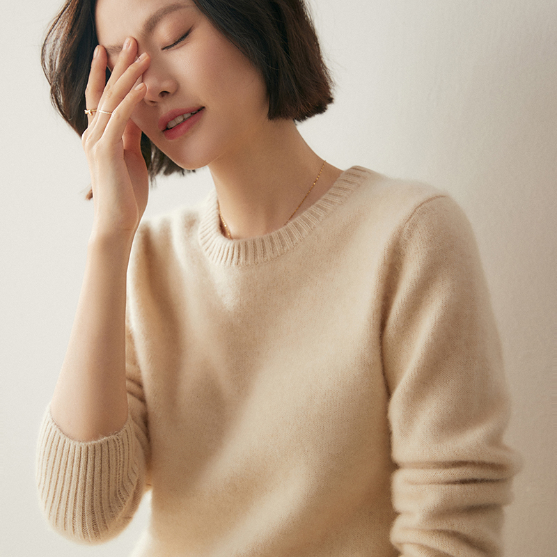 圆领山羊绒衫加厚7针双股针织打底宽松套头羊毛毛衣女2024爆款软