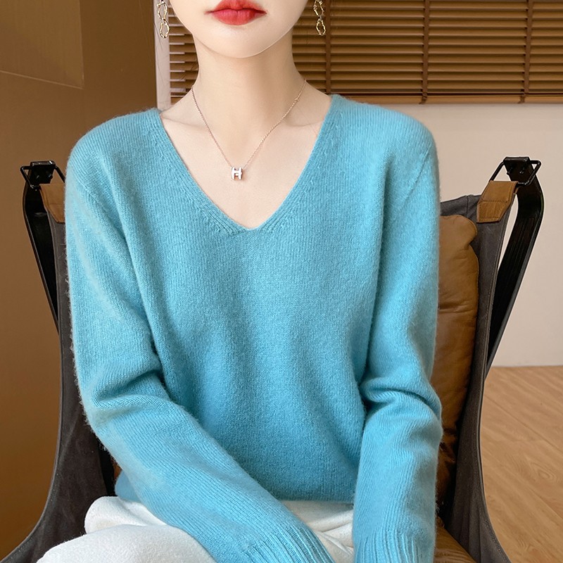 7针双股加厚羊毛衫100%纯羊毛一线成衣羊绒毛衣女针织打底套头V领