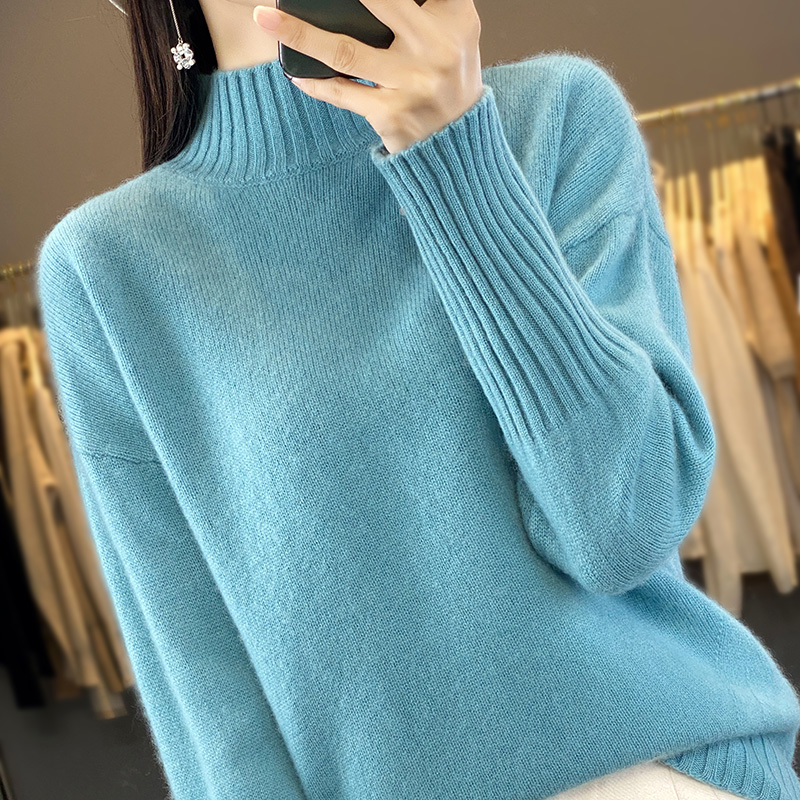 半高领加厚纯羊毛针织套头湖蓝色羊绒毛衣女爆款秋冬打底时尚气质