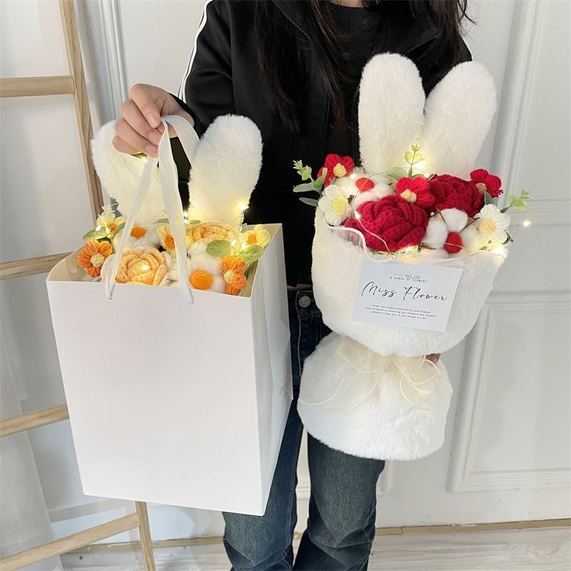 女生礼物可爱针织毛绒兔耳花束小香风手捧花闺蜜生日教师节礼物