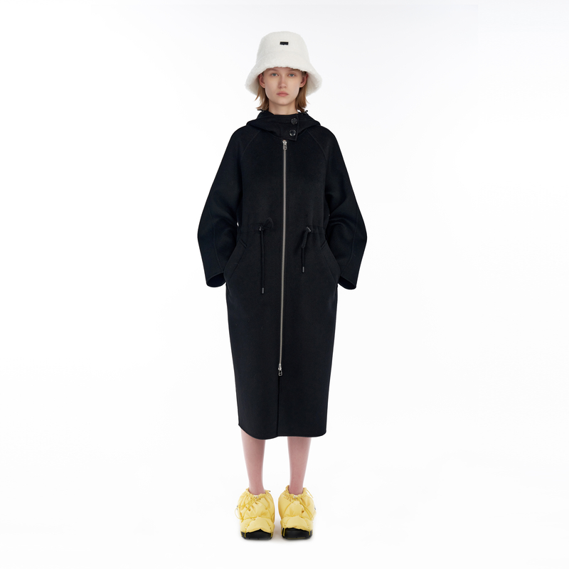 IIIVIVINIKO"羊毛羊绒无杂质"黑色双面呢廓形连帽大衣M349007113D