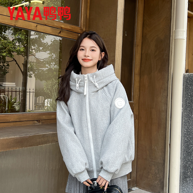 鸭鸭时尚百搭休闲女士宽松ins呢子羽绒服加绒加厚韩版慵懒风秋冬