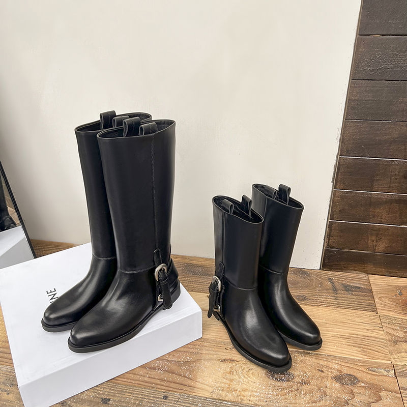 【Dhh】跟高2.5cm•牛皮•粗跟不过膝高筒马丁靴女中筒平底骑士靴