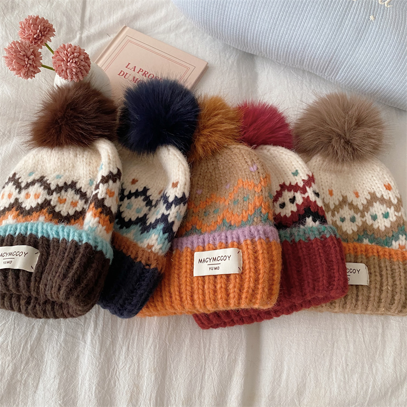 秋冬款儿童毛线帽防风加厚保暖护耳套头帽男女宝宝可爱毛球针织帽