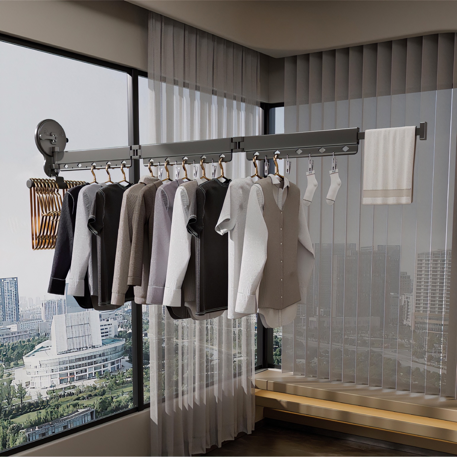 折叠晾衣架晾凉晒衣杆架子吸盘式隐形免打孔阳台家用室内晾衣神器