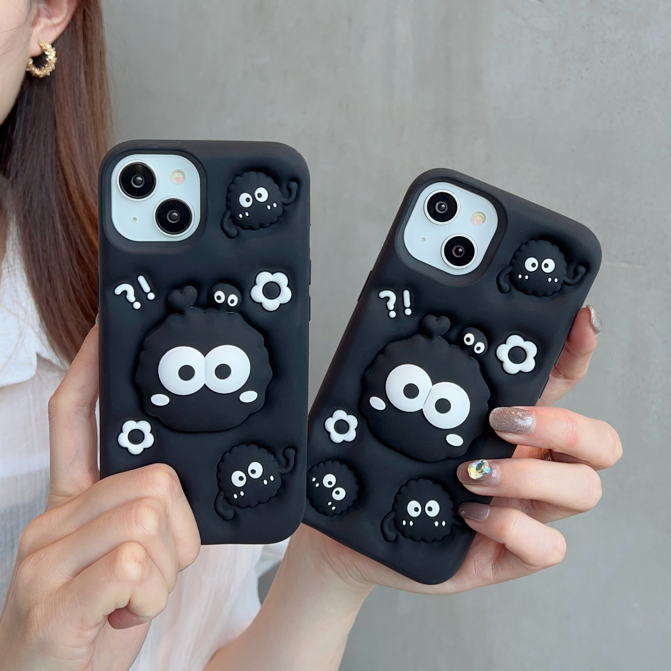 (适用苹果oppo华为vivo)黑煤球支架可爱立体卡通全包软硅胶手机壳