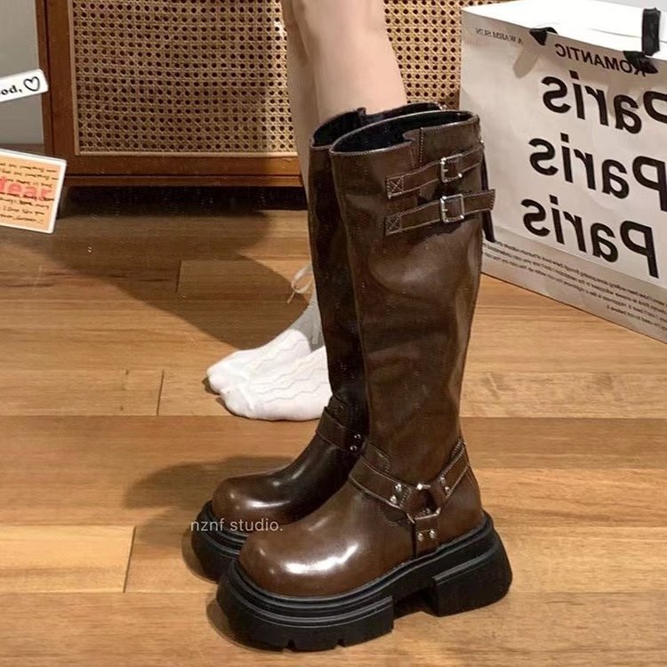 厚底长靴高筒时尚复古粗跟英伦圆头骑士长筒百搭时装靴新款瘦瘦靴