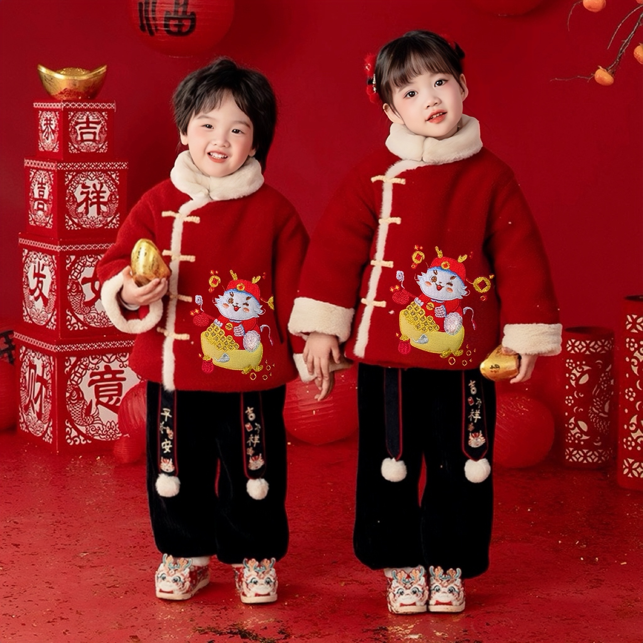 儿童拜年服男童汉服女童喜庆过年衣服周岁礼服2025冬宝宝国风唐装