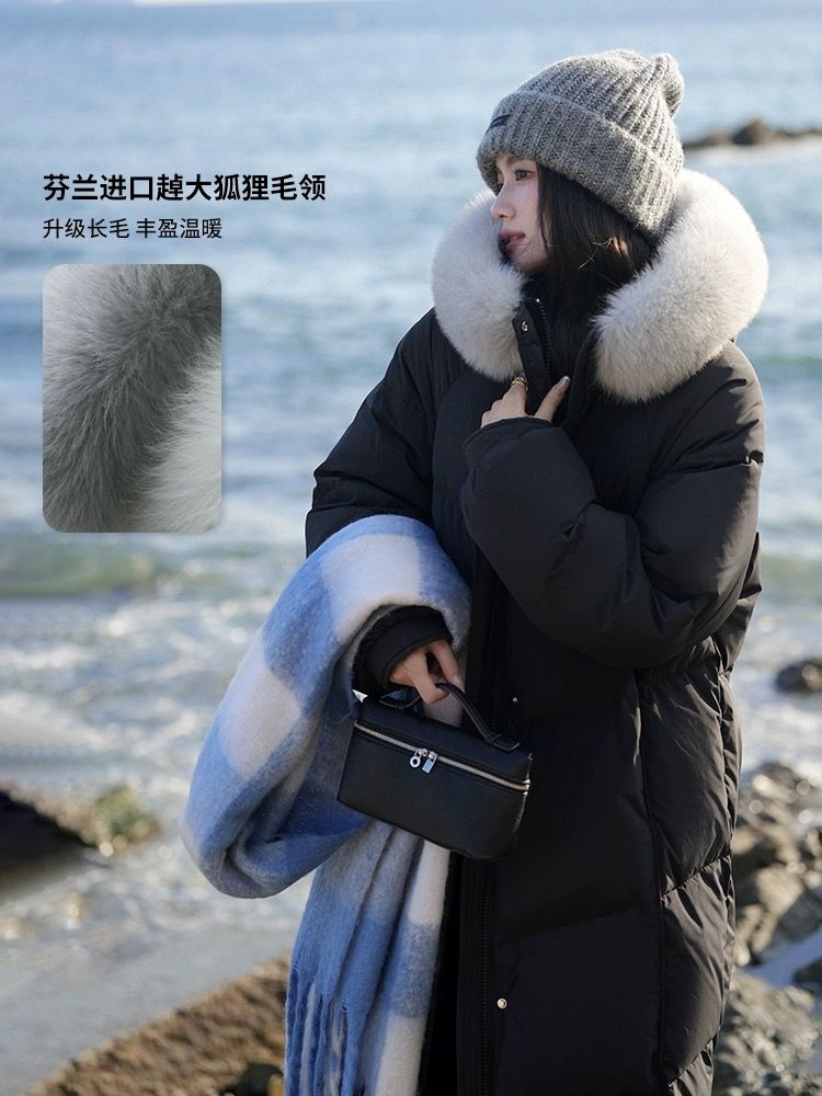 加厚白鹅绒狐狸大毛领保暖2023过膝时尚黑色抗极寒羽绒服女冬长款