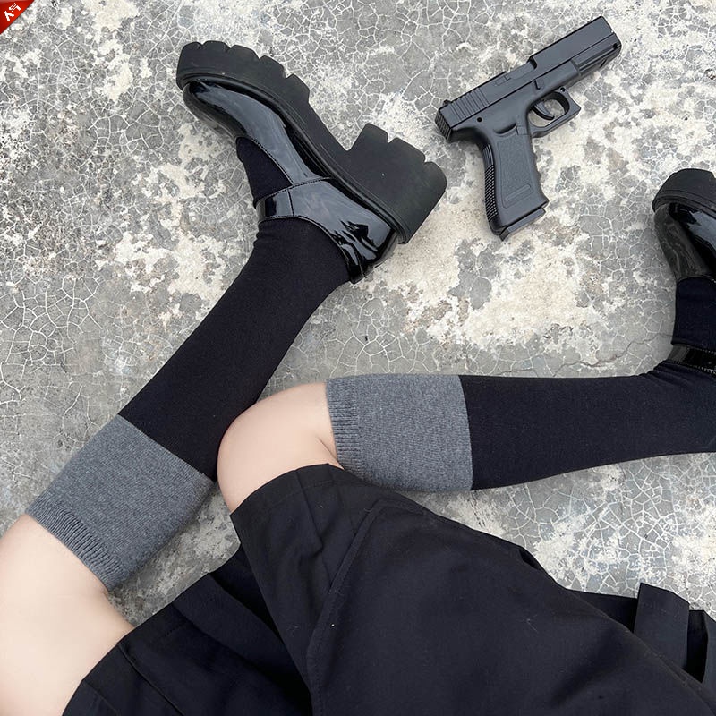 秋冬棉中筒袜长筒过膝袜JK学院风舒适显瘦袜子黑灰拼色小腿袜女