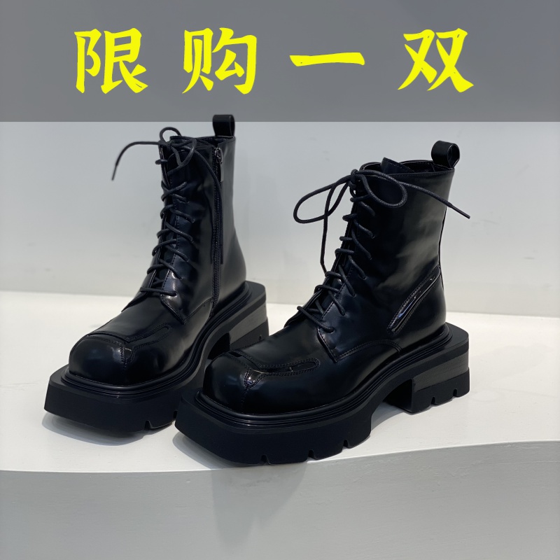 百丽纯爱小众款厚底短靴2023秋季时尚设计师款马丁靴系带百搭秋