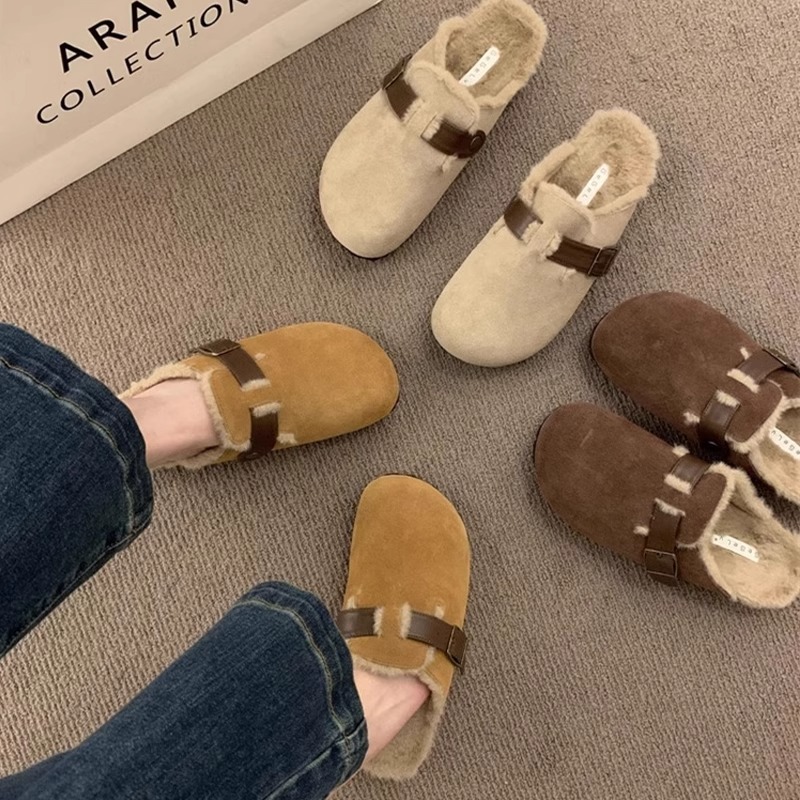 百丽纯爱复古森系厚底勃肯鞋一脚蹬软底包头半拖鞋女外穿加绒毛毛