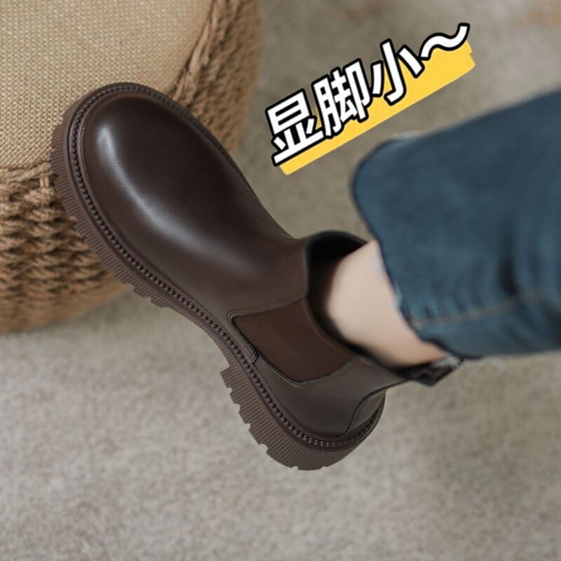 百丽纯爱切尔西短靴女2023年秋冬韩版网红内增高平底马丁靴女英伦