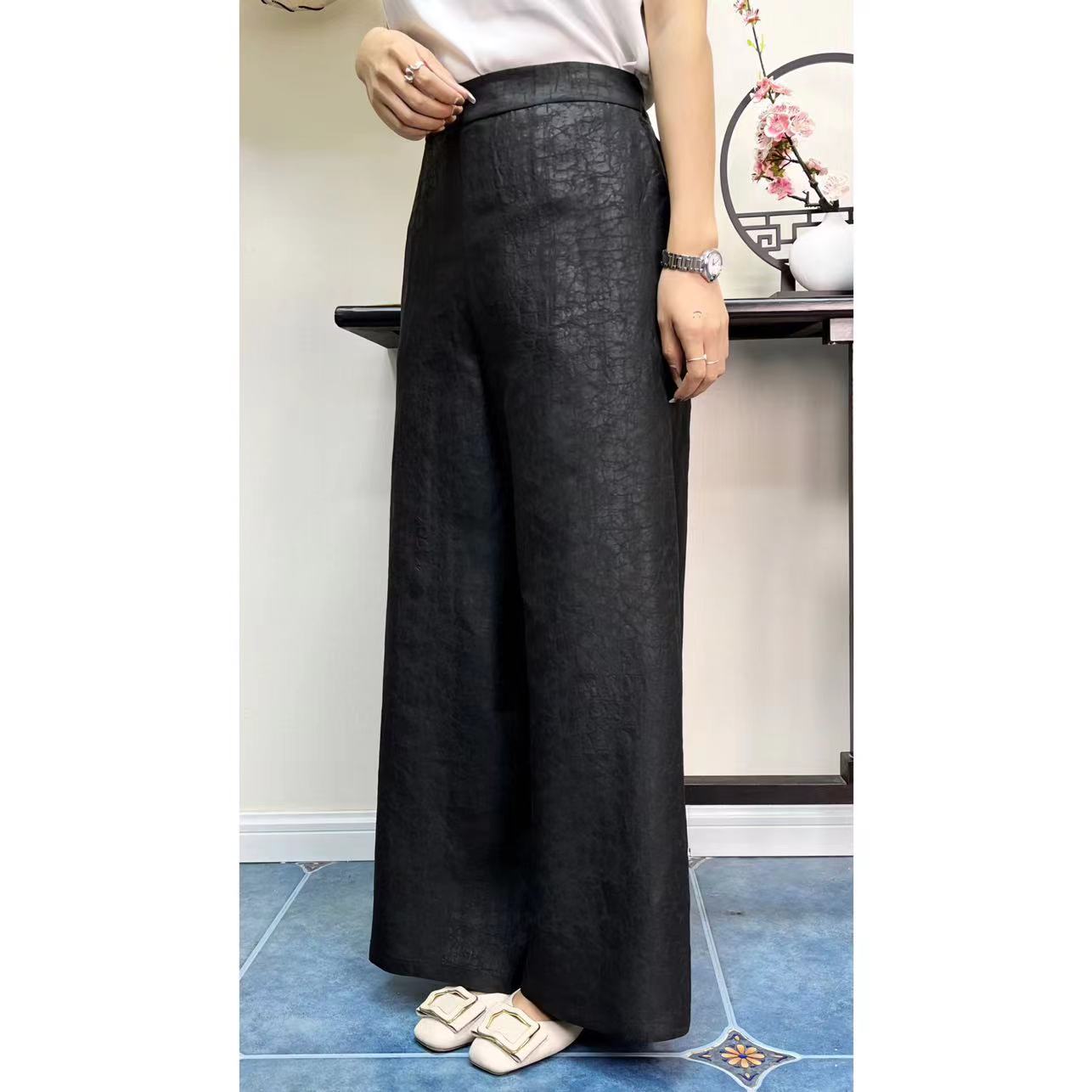 桑蚕丝香云纱龟裂纹直筒休闲裤LBF-013A