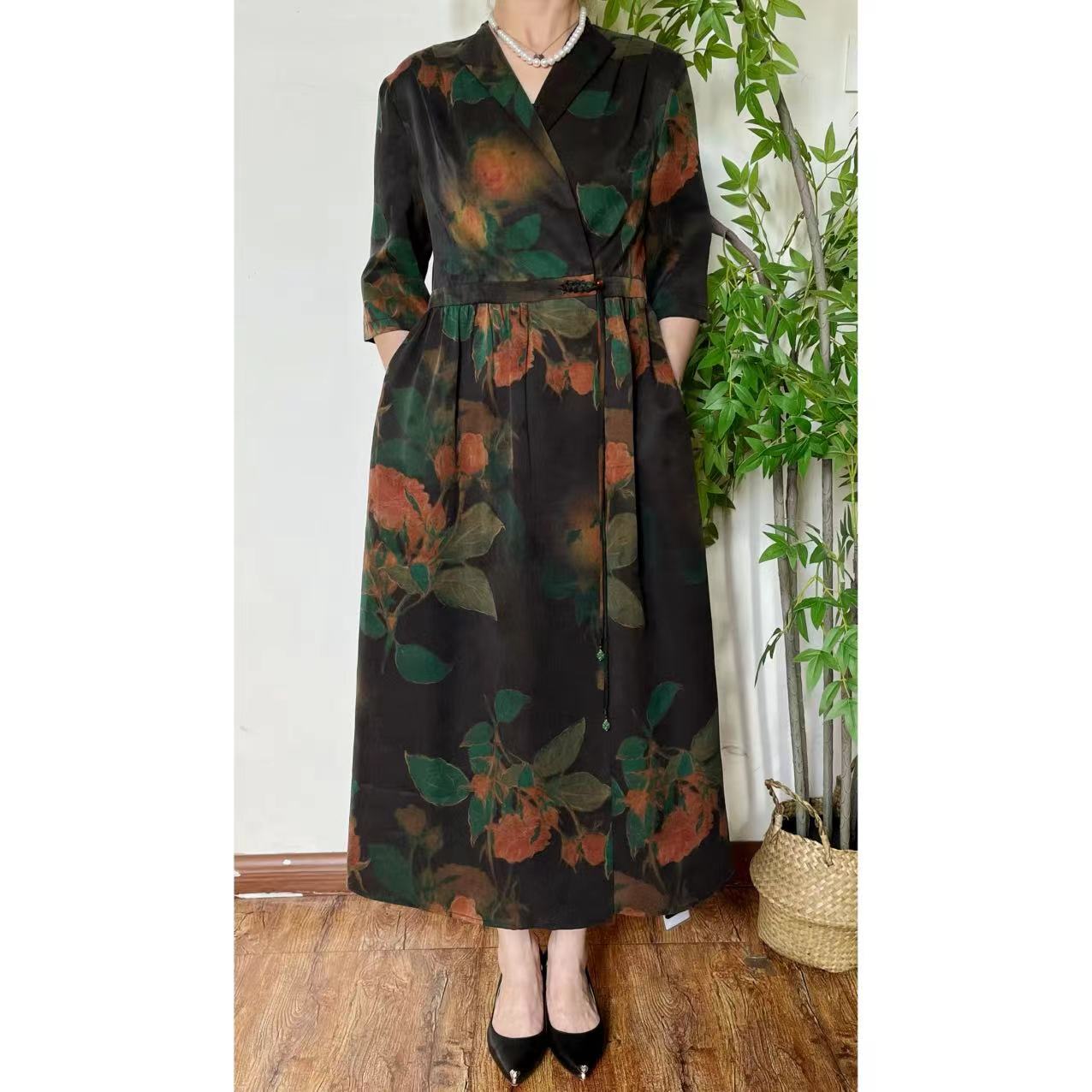  【佳鑫香云纱】桑蚕丝香云纱时尚国风设计师过膝连衣裙YGJN-9126