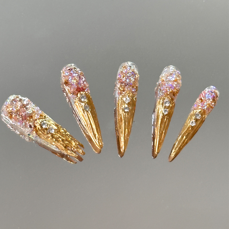 永夜星河镜妖妖甲同款私人订制纯手工穿戴美甲金色奢华爆闪高级款