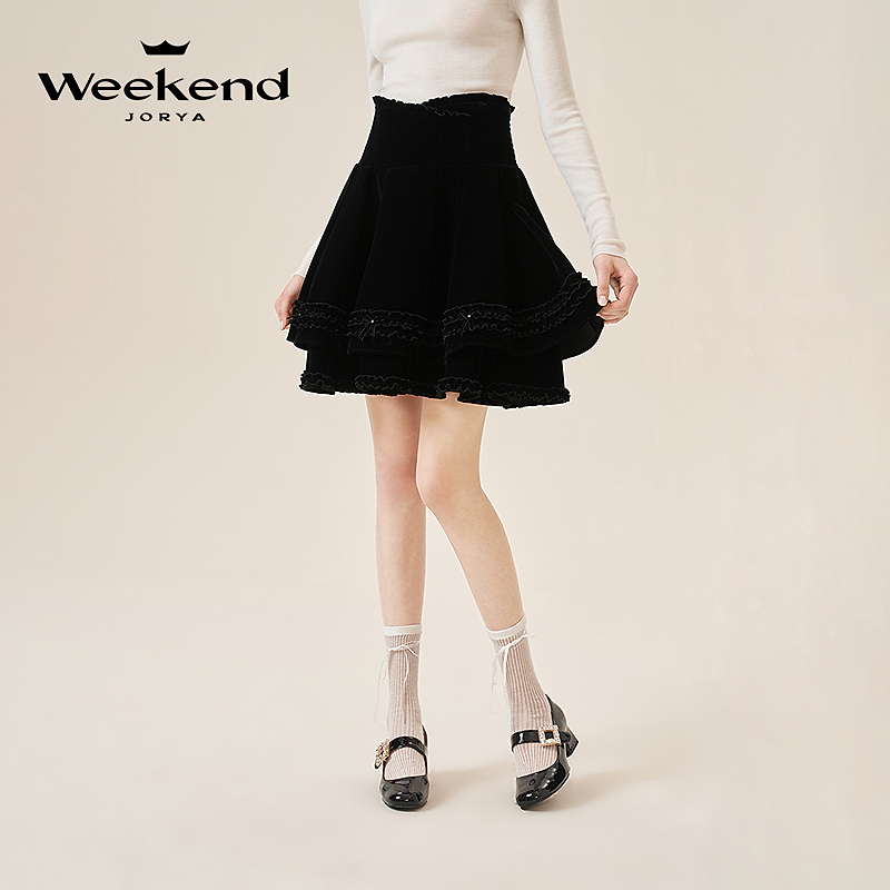 卓雅周末2024秋季新款花苞腰头木耳边蝴蝶结A字丝绒半裙Q240510A