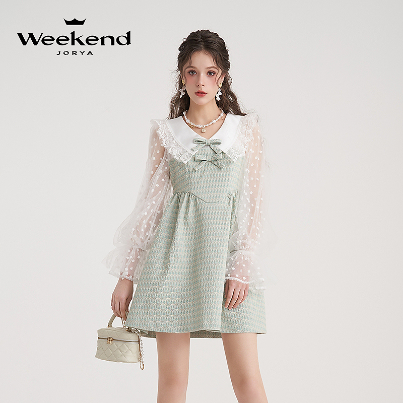 卓雅周末春季新款V领蕾丝提花蝴蝶结灯笼喇叭袖连衣裙EJWEAN63