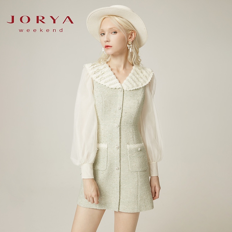 卓雅周末钩花网纱拼接花纱小香风气质女装高级感连衣裙EJWDDC76