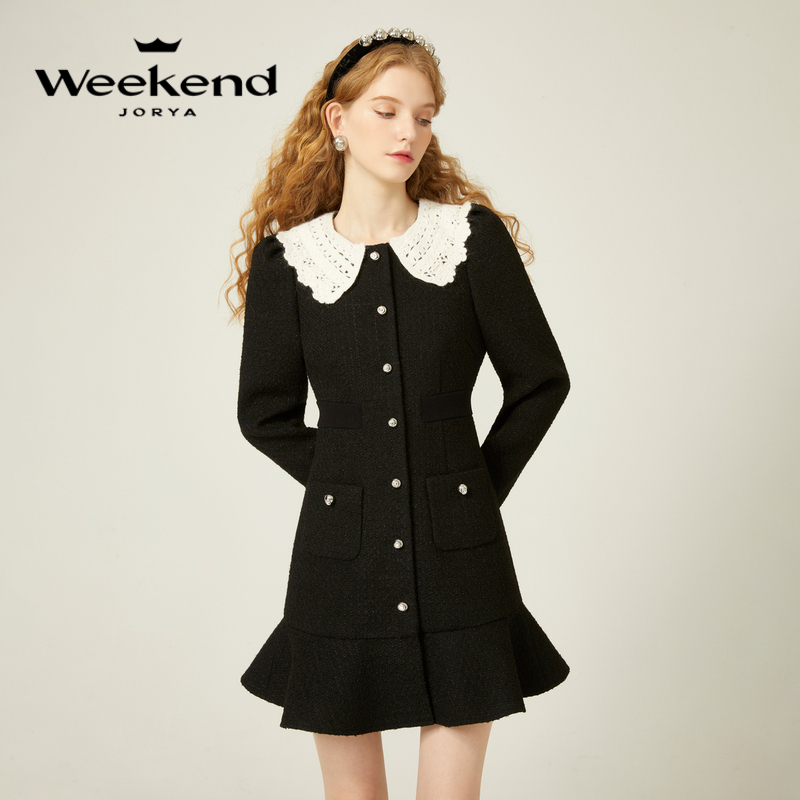 卓雅周末可拆织花领小香风单排扣荷叶边连衣裙EJWDDR84