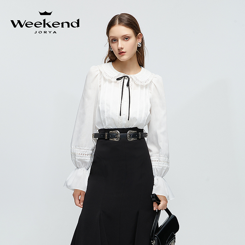 卓雅周末春季气质蝴蝶结蕾丝镂空娃娃领泡泡灯笼袖衬衫EJWEAN38