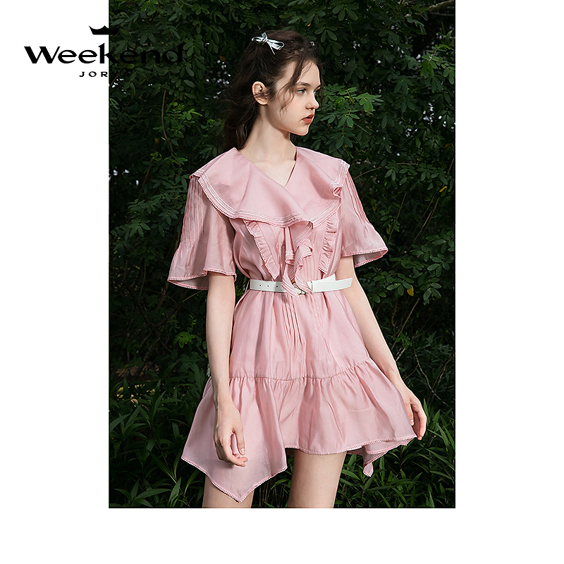 卓雅周末2024夏季新款浪漫荷叶边V领蕾丝天丝收腰连衣裙EJWEBG81