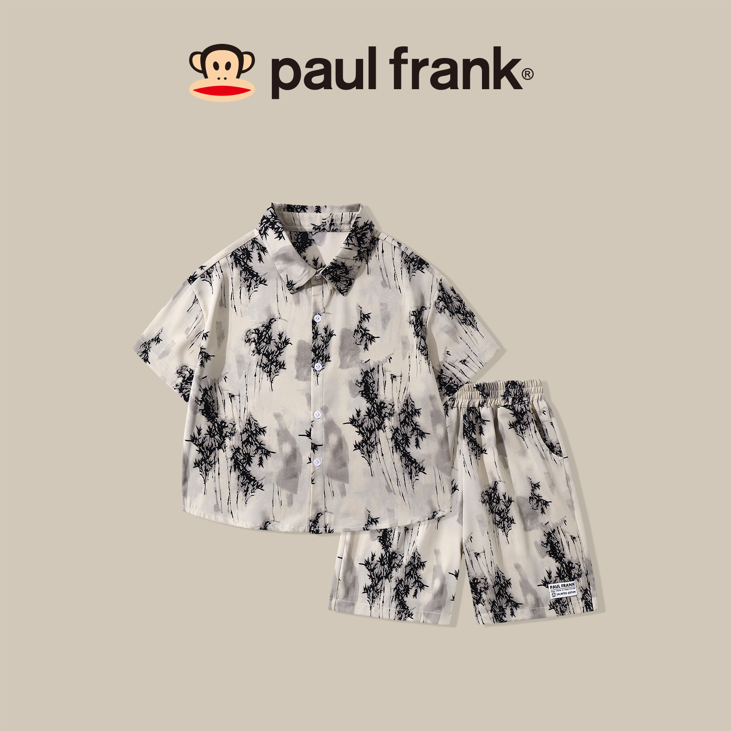 paul frank/大嘴猴夏季短袖套装度假风潮流花衬衫国风衬衣CHA022