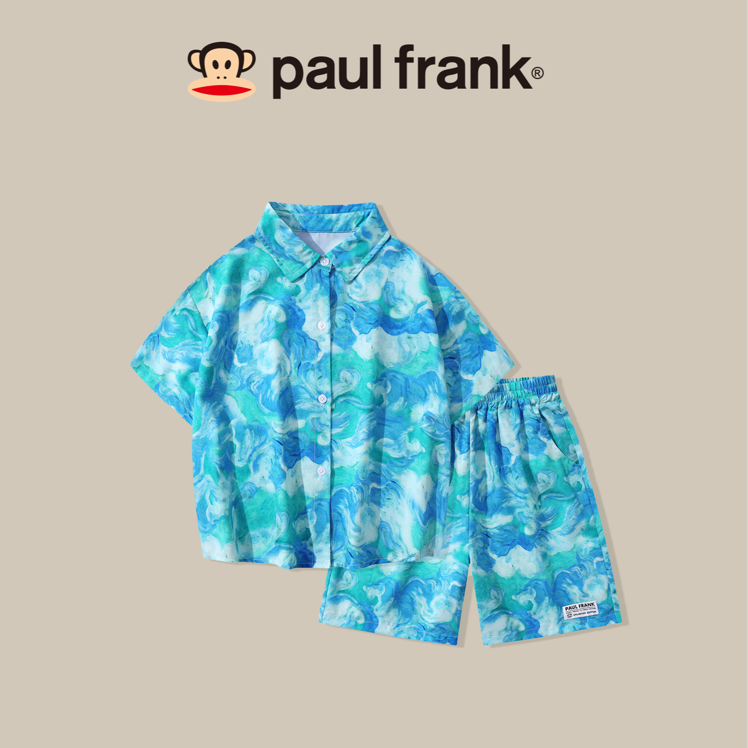 大嘴猴夏季中大童沙滩度假风宽松休闲短袖满印衬衫潮流套装CHA021