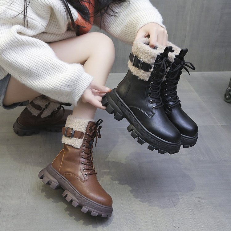 靴子女2023新款冬季加绒保暖东北雪地棉鞋女厚底粗跟软皮马丁靴短