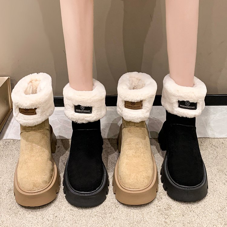 厚底雪地靴女2023年新款秋冬季加绒加厚马丁靴东北棉鞋中筒冬短靴